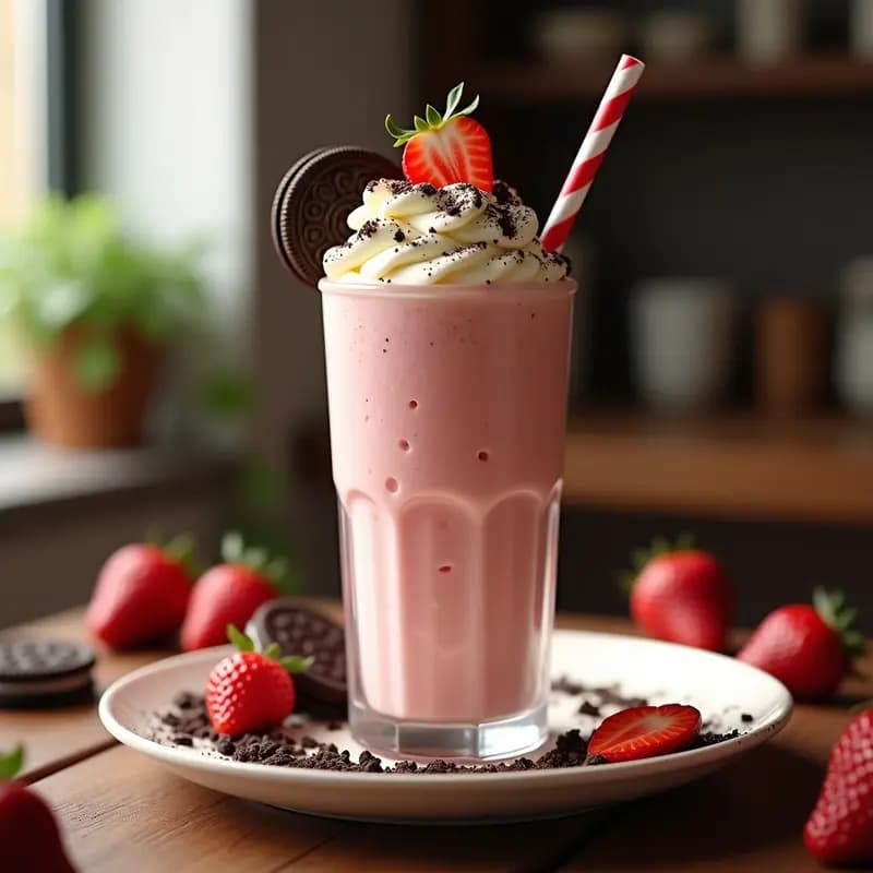 Batido de Fresa, Cheesecake y Galletas Oreo con Topping de Chantilly: Postre Líquido de Ensueño