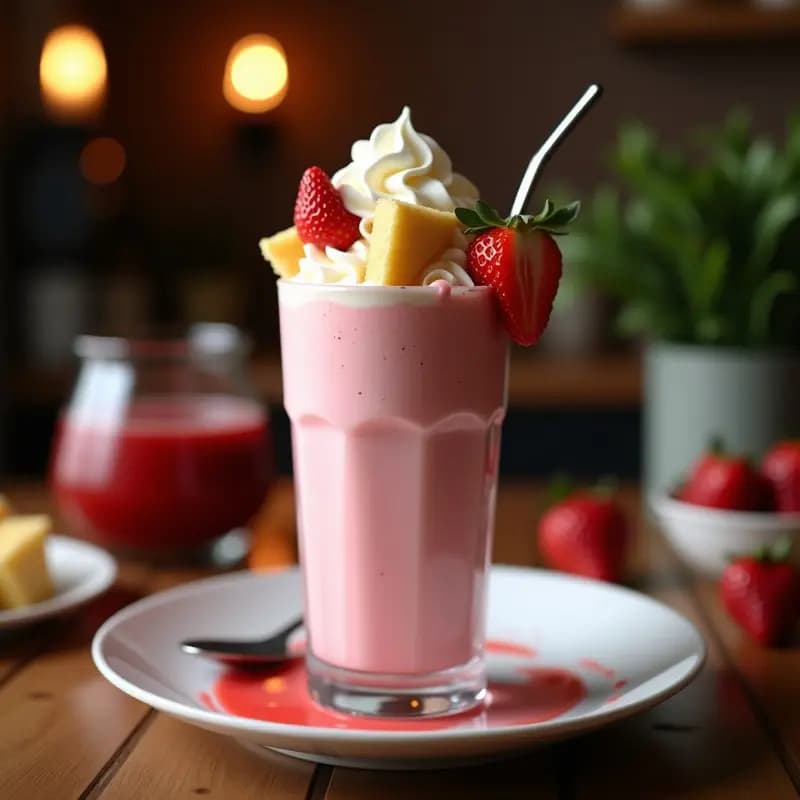 Batido de Fresa con Leche Merengada y Trozos de Bizcocho Borracho: Postre Líquido de Ensueño