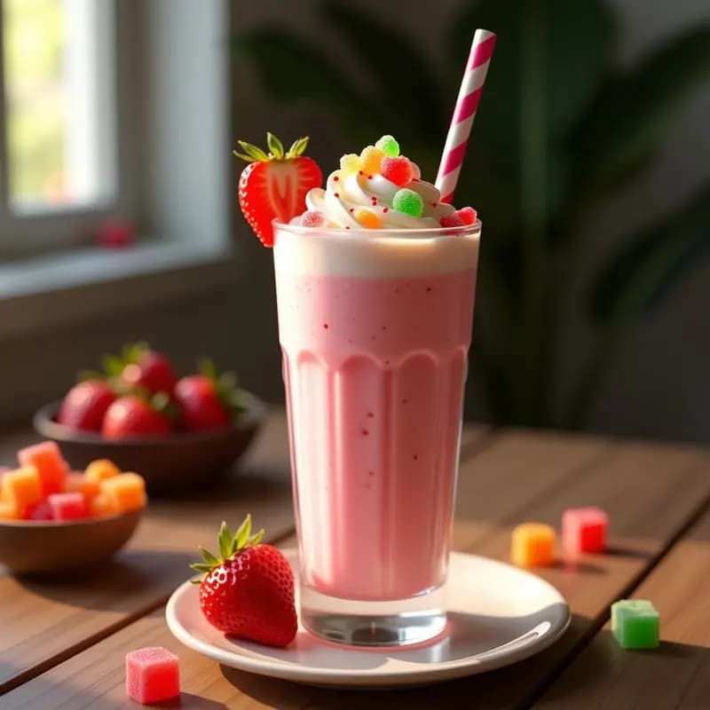 Batido de Fresas con Helado de Vainilla y Toppings de Gominolas: Receta de Milkshake Colorido y Dulce