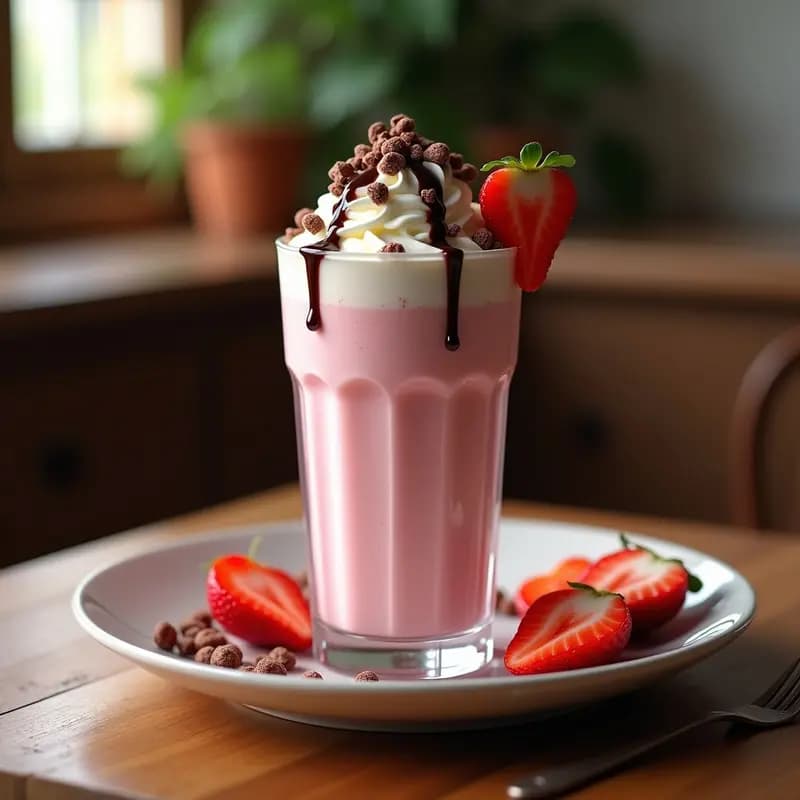 Batido de fresas, Leche Condensada y Helado de Vainilla con Topping de Cereales y Chocolate: Bebida de Desayuno Indulgente
