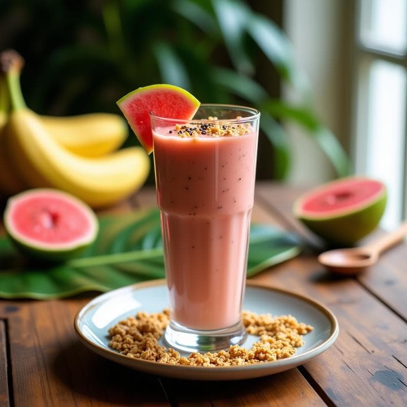Batido de Guayaba y Chía con Topping de Granola: Desayuno Tropical Sin Lactosa