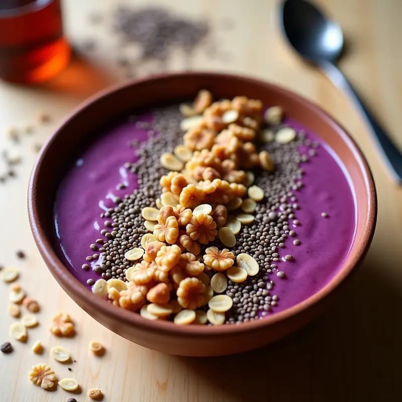 Batido de Maíz Morado y Yogur de Soy con Granola de Quinoa: Desayuno Peruano Alto en Antioxidantes