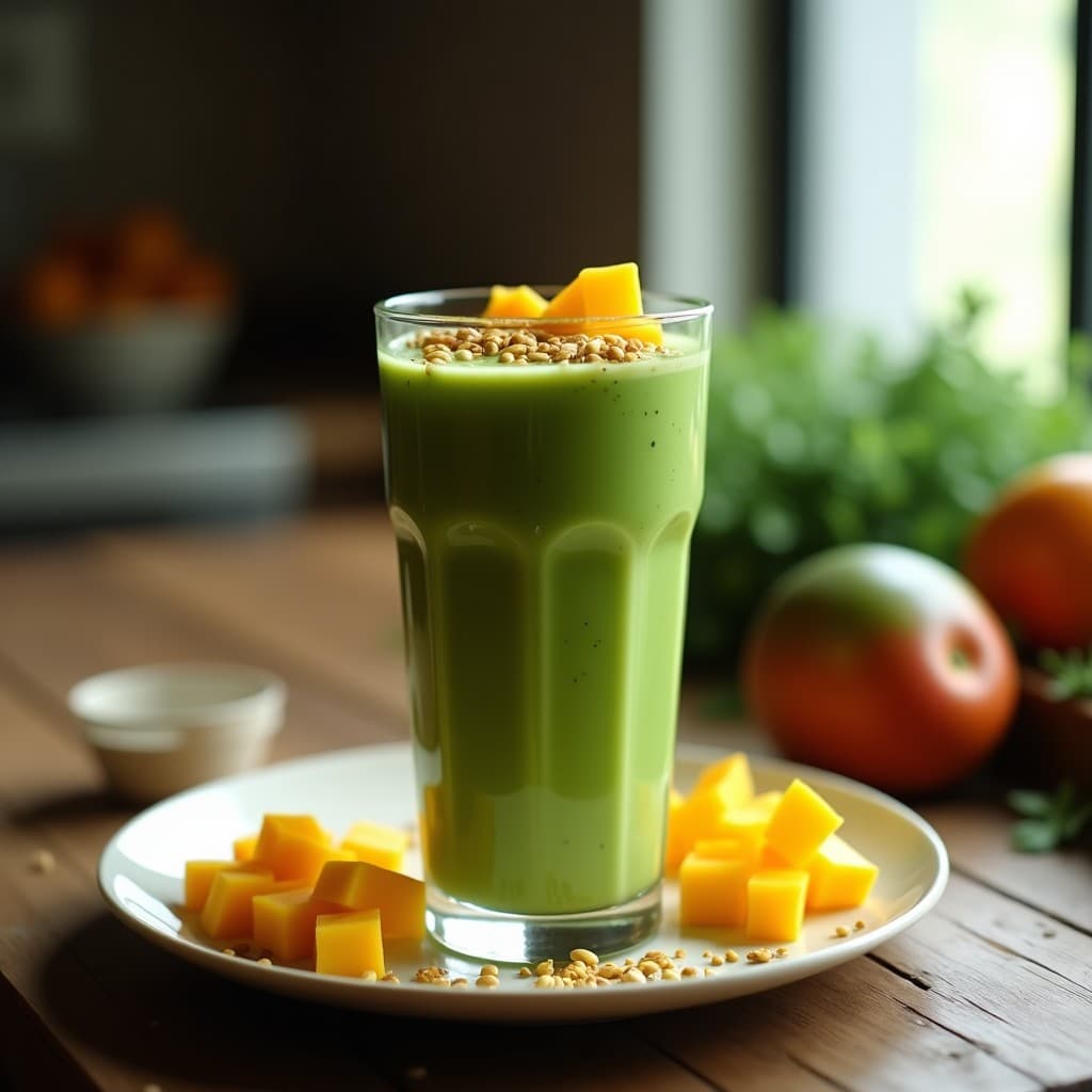 Batido de Mango y Espirulina con Topping de Semillas de Calabaza: Bebida Energizante Keto