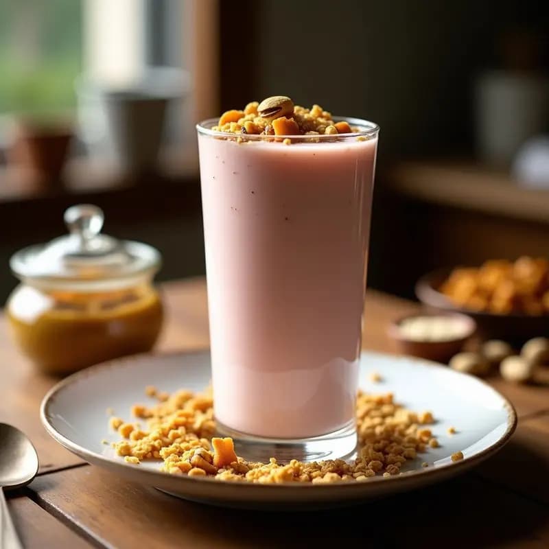 Batido de Pacharán y Yogur Griego con Granola de Pistacho: Desayuno Español Keto y Energético