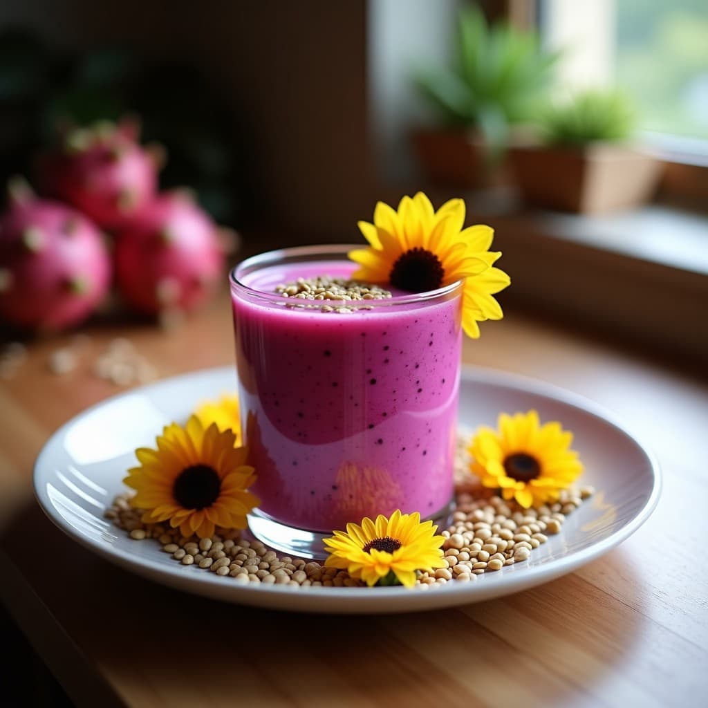 Batido de Pitahaya y Leche de Poco Coco con Semillas de Girasol: Bebida Vegana Rica en Vitamina C