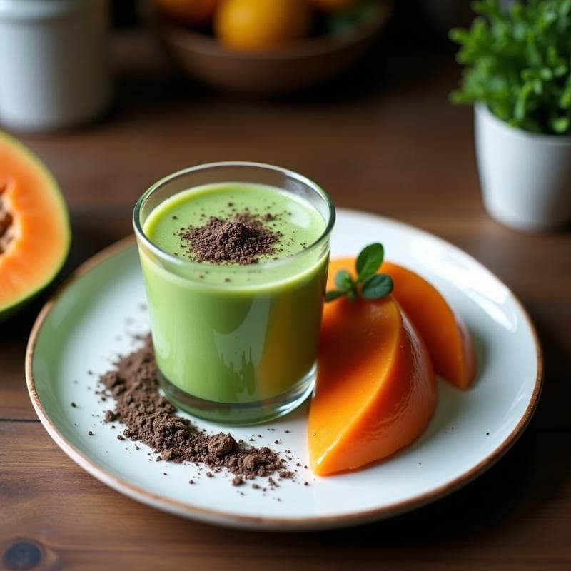 Batido de spirulina y coco con lechosa y maca: bebida energética andina sin lácteos