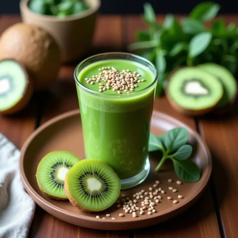 Batido Verde Energético con Espinacas, Kiwi y Semillas de Chía en Vaso de Coco