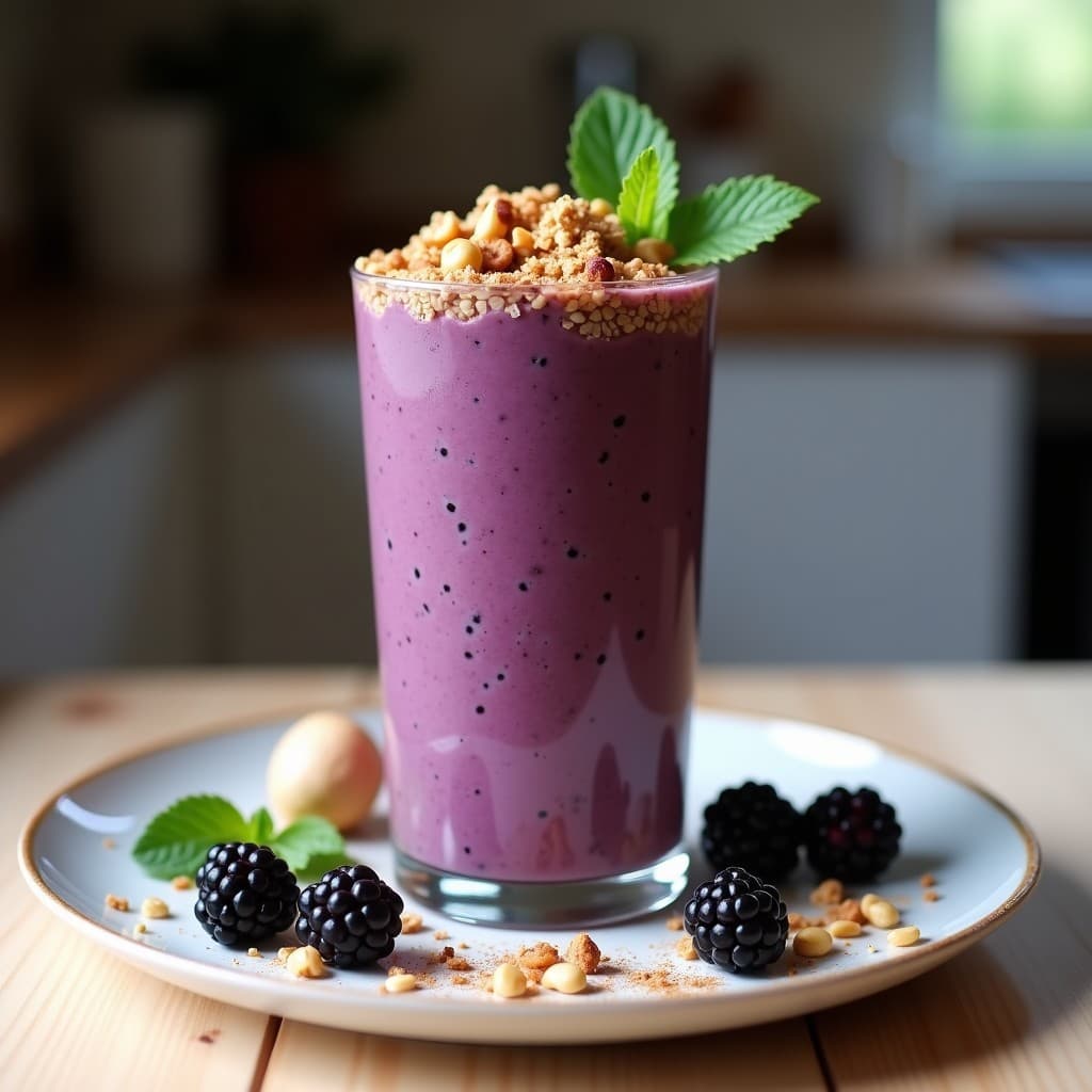 Batido de Zarzamora y Leche de Avellana: Bebida Sin Lactosa con Topping de Granola