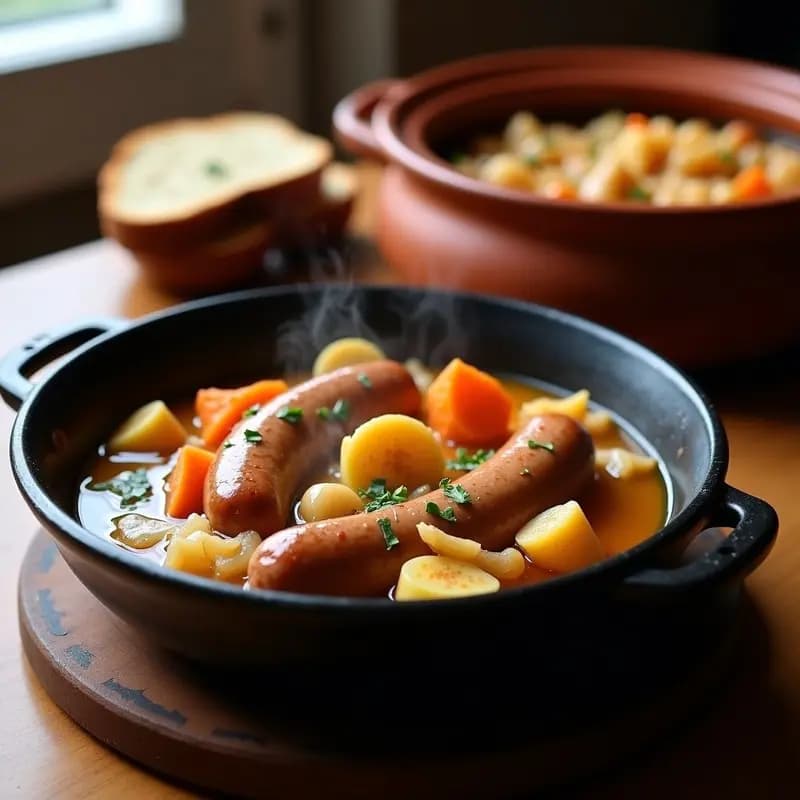 Bauerntopf Alemán con Salchichas y Col Fermentada: Receta de Invierno en Olla Lenta