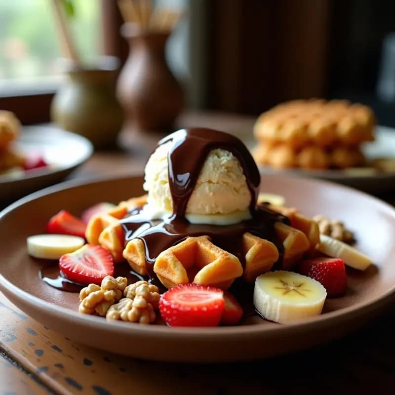 Bayas de Gofre con Helado, Sirope de Chocolate y Frutas: Postre Belga de Éxito Asegurado