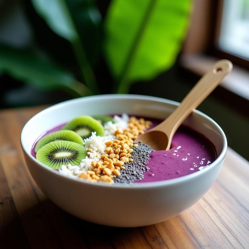 Bebida de Açaí y Leche de Almendras con Toppings de Granola: Smoothie Bowl Brasileño Energético