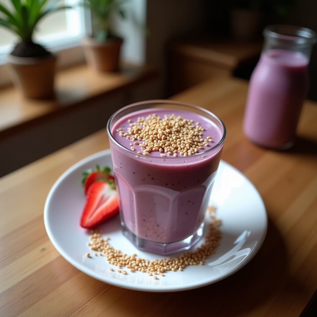 Bebida de Açaí y leche de coco con semillas de sésamo tostado: Batido Brasileño Energético