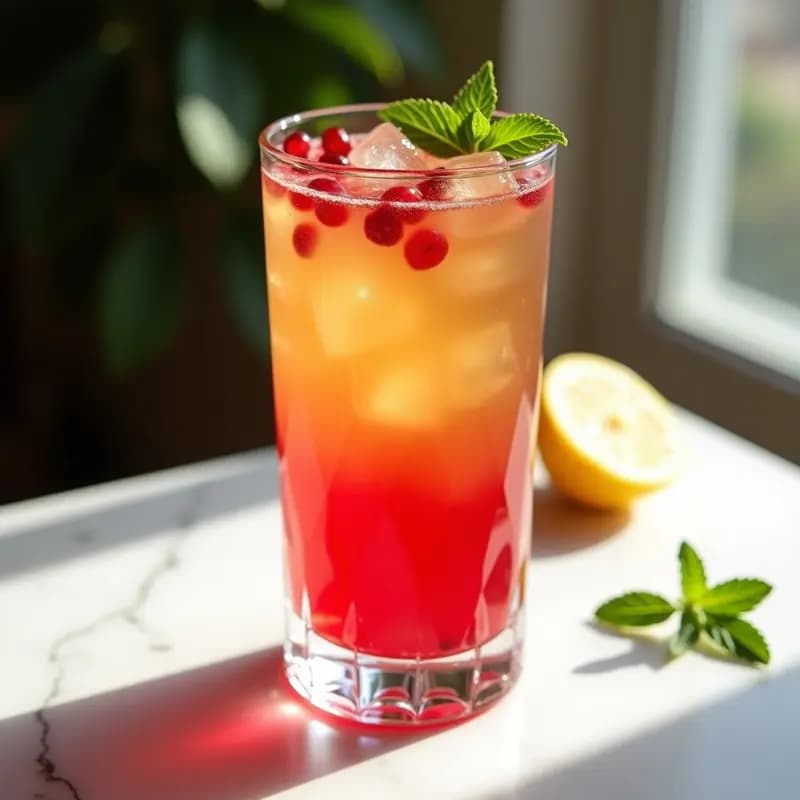 Bebida de Zumo de Granada y Jengibre con Burbujas de Limón: Mocktail Antioxante y Refrescante