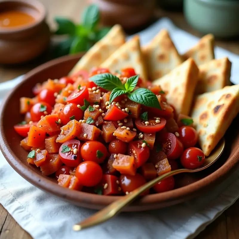 Behir Eezmeh con Pan de Pita Integral: Ensalada Kurda de Tomate y Pimiento Picante