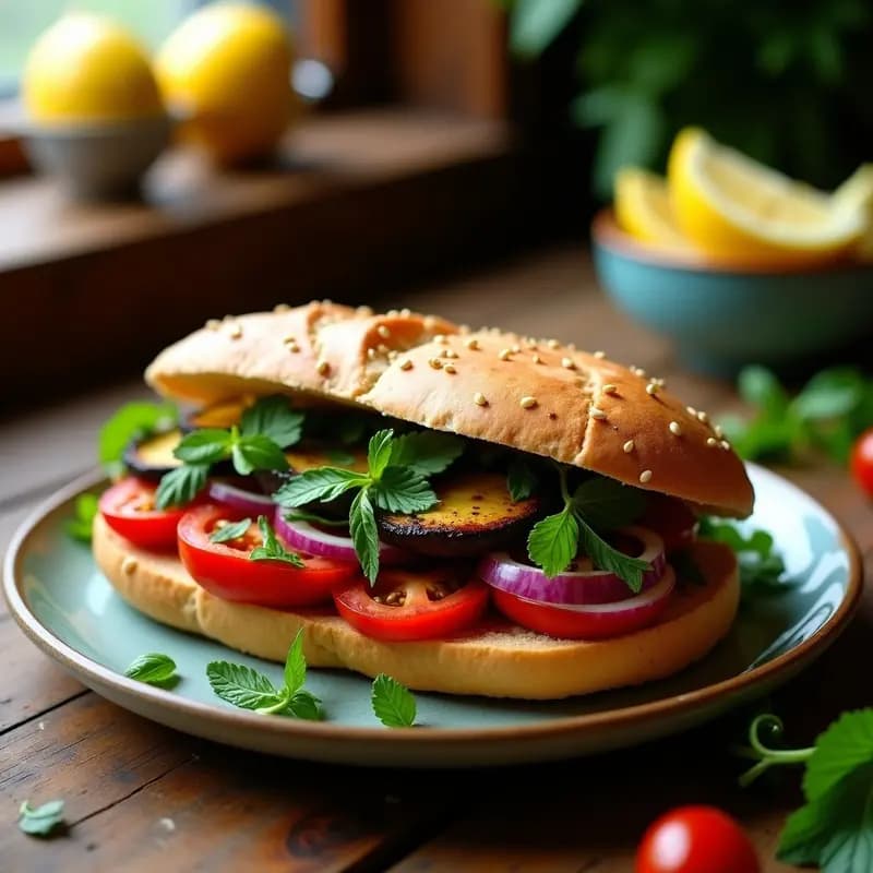 Bemisal: Sándwich Iraní de Berenjena Asada, Tomate y Hierbas con Pan de Pita