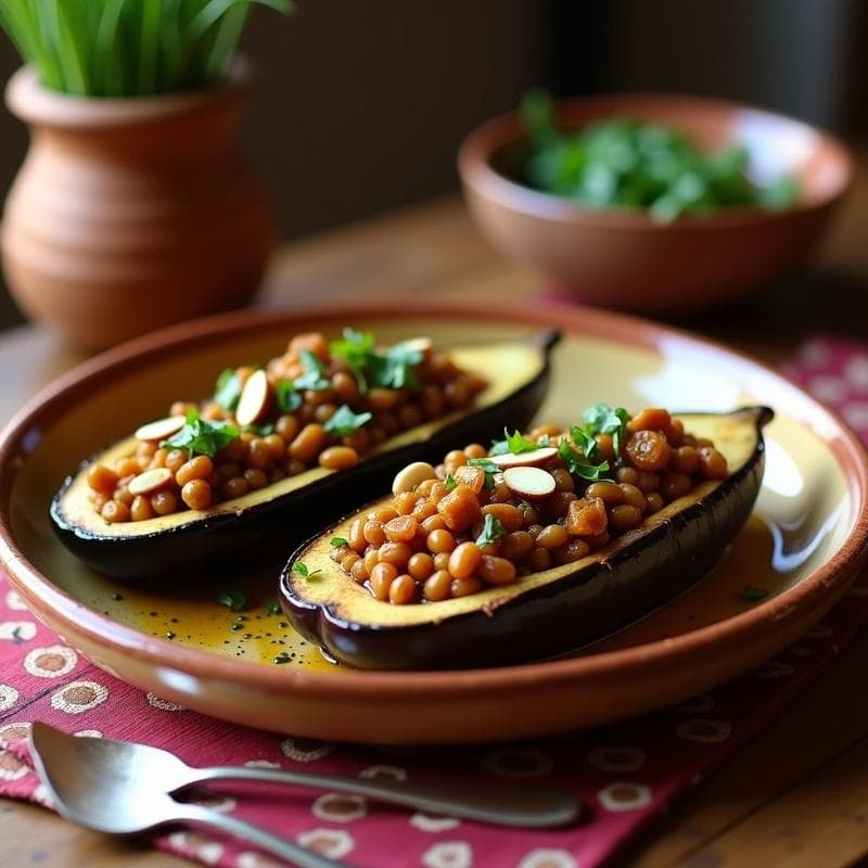 Berenjenas Asadas con Relleno de Lentejas y Pasas: Receta Marroquí Vegana en Olla Express