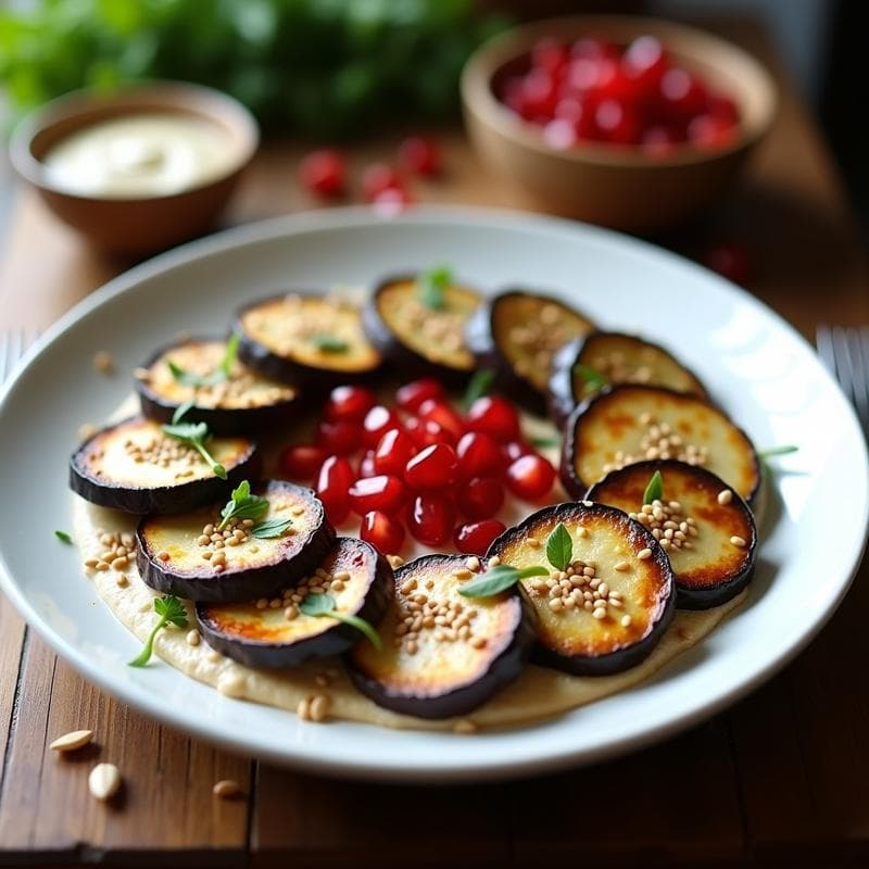 Berenjenas Asadas con Tahini y Granados: Receta Árabe Vegana con Toque Crujiente