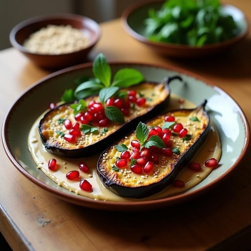 Berengenas Asadas con Tahini y Granada: Receta Libanesa Vegana y Sin Cocción