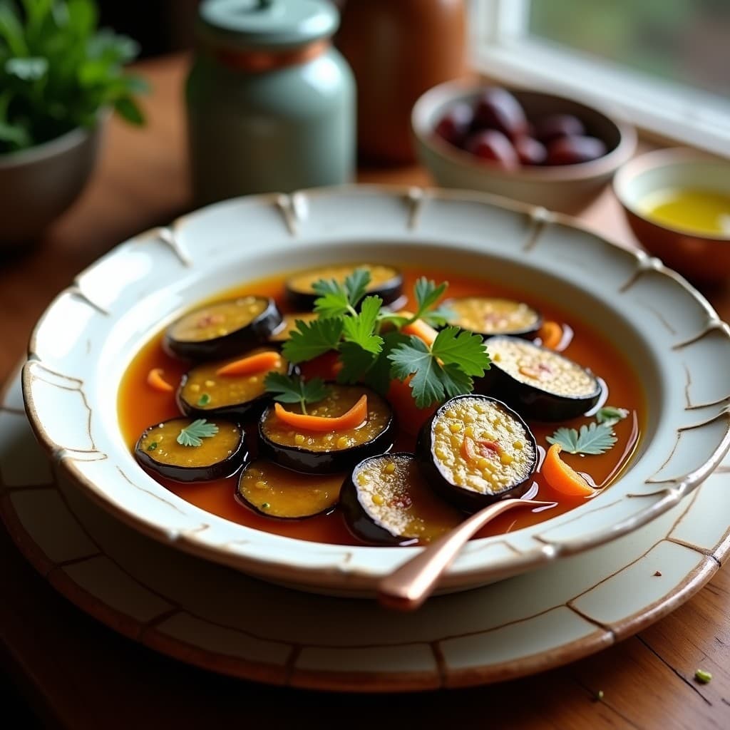 Berenjenas en Escabeche con Vinagreta de Miel de Dátil: Receta Marroquí Vegana en Olla Exprés