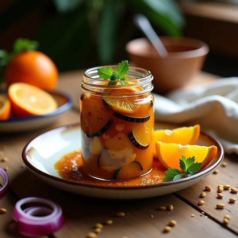 Berenjenas en Escabeche con Vinagreta de Naranja y Comino: Entrante Marroquí en Frasco