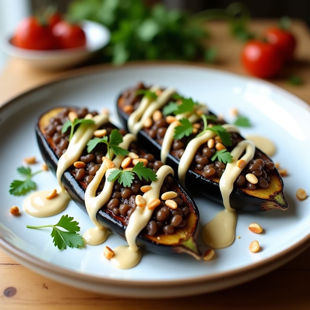 Berenjenas al Horno con Relleno de Lentejas Beluga y Tahini: Receta Vegana en 30 Minutos