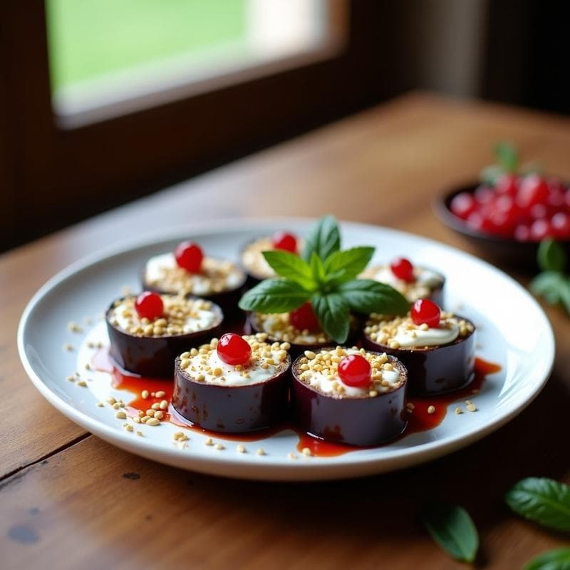 B_genes de Berenjena con Queso de Anacardos y Miel de Granado: Entrante Árabe Vegano