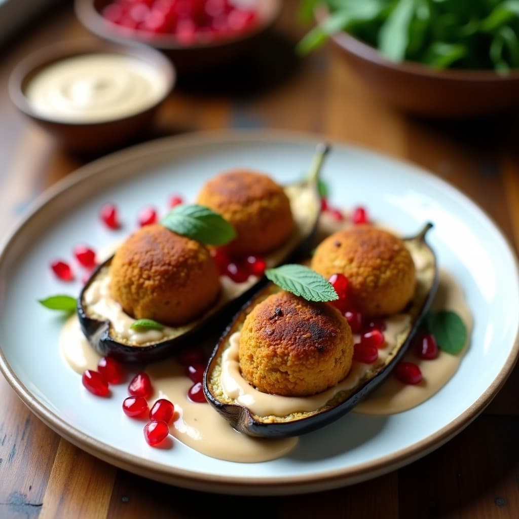 Berengenas Rellenas de Falafel y Tahini con Granadas: Receta Árabe Vegana y Sin Horno
