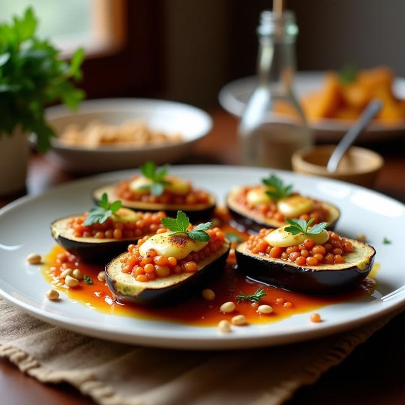 Berenjenas al Horno con Relleno de Lentejas Corail y Queso de Cabra: Receta Francesa Sin Gluten