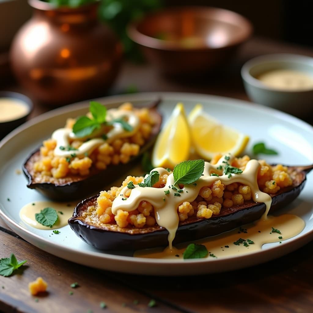 Berengenas Rellenas de Quinoa y Pasas con Salsa de Tahini: Receta Libanesa en Horno
