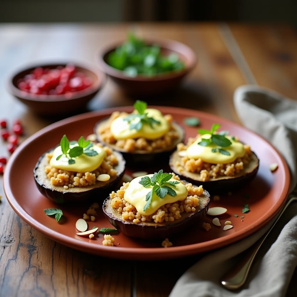 Berengenas Rellena de Quinoa y Pasas con Salsa de Yogur de Soja: Receta Árabe Vegana