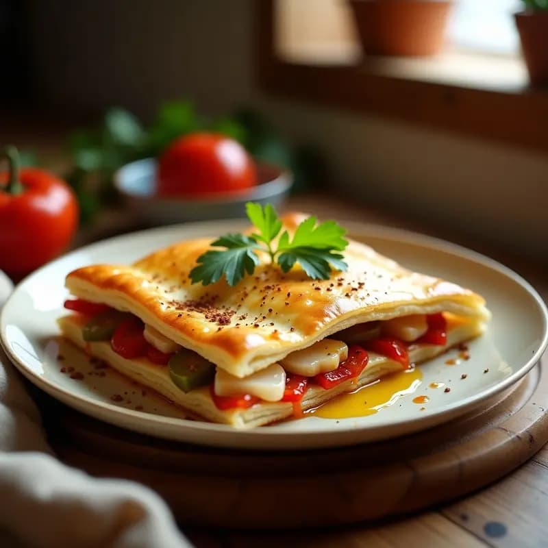 Bfaia de Hojaldre con Merluza y Pimientos Asados: Receta Argelina en Horno