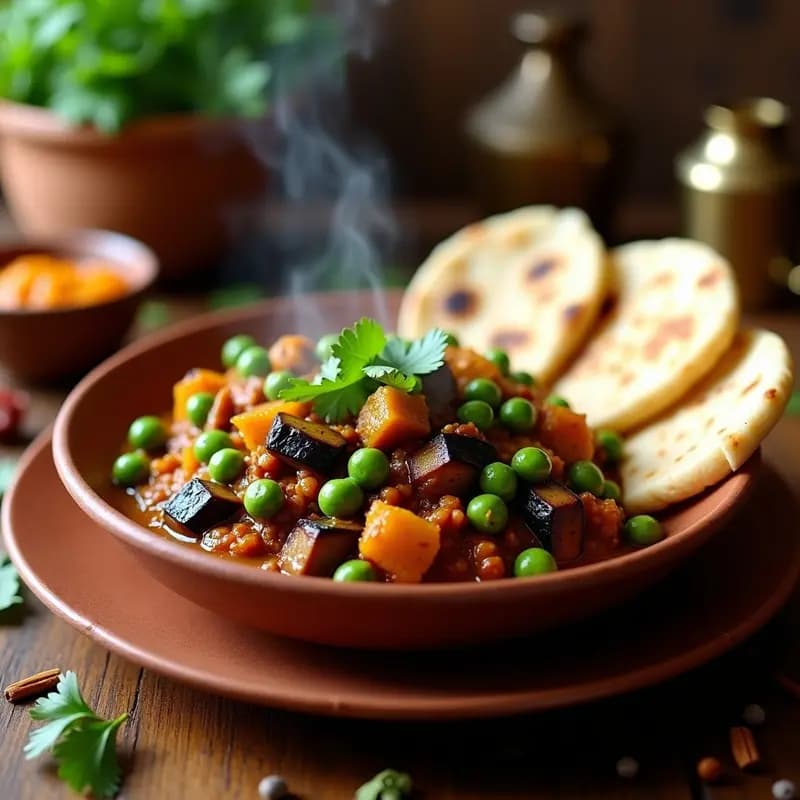 Bharji de Berenjena y Guisantes con Especias Tandoori: Receta India Vegana y sin Aceite