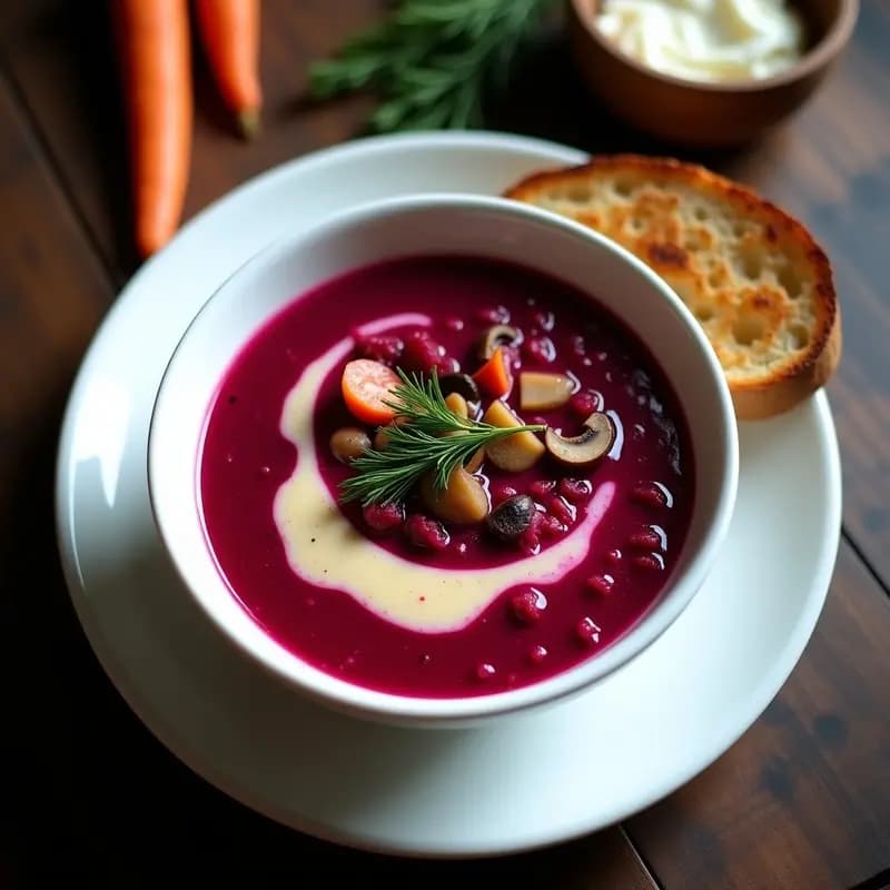 Bhorsht Vegano de Remolacha y Champiñones: Sopa Ucraniana con Crema de Anacardos en 30 Minutos