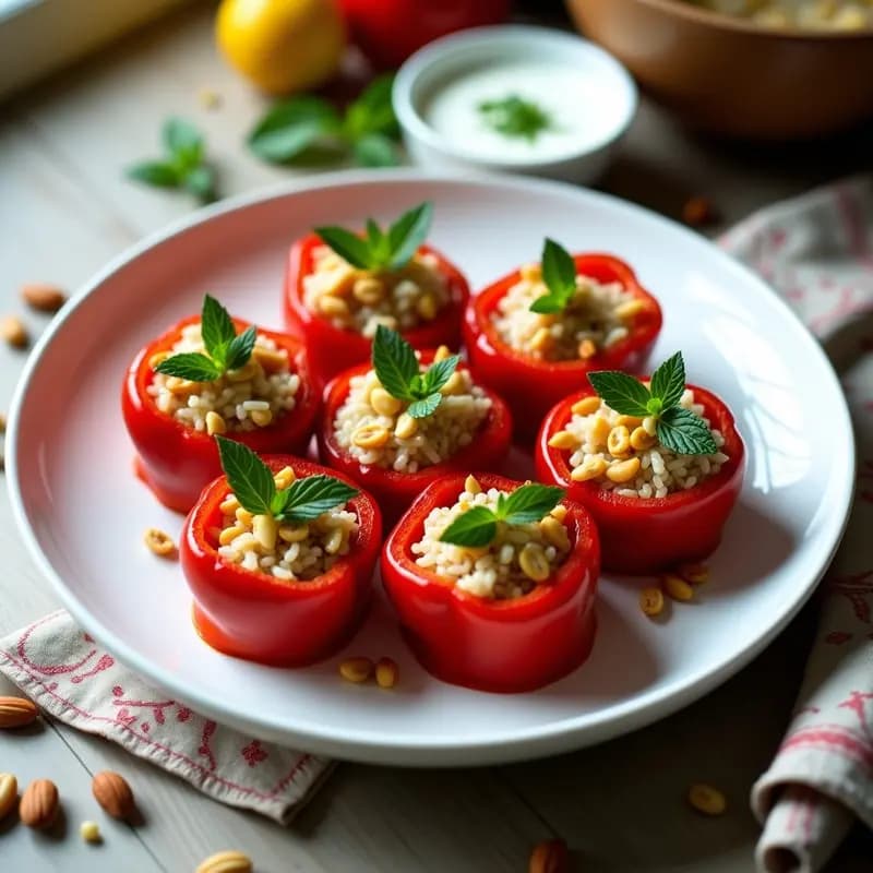 Biber Dolma Rellenos de Arroz y Pasas con Salsa de Yogur: Receta Turca Vegana