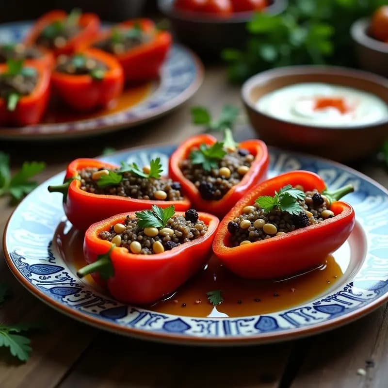 Biber Dolması de Arroz Salvaje y Champiñones: Pimientos Rellenos Turcos Veganizados