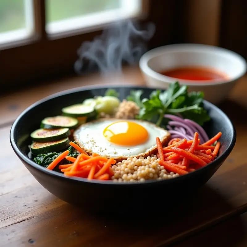 Bibiimbap Coreano de Quinoa y Verduras con Gochujang: Bowl Proteico Sin Carne