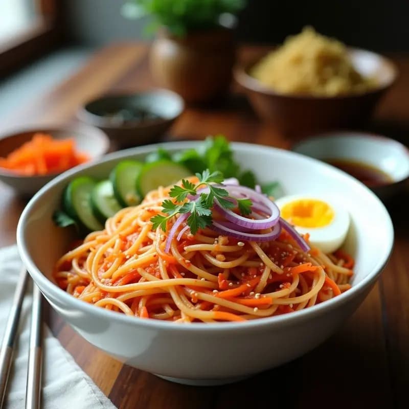 Bibim Guksu de Fideos de Arroz y Kimchi: Ensalada de Fideos Coreana Picante