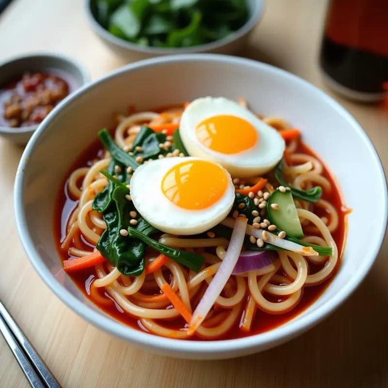 Bibim Guksu Coreano: Fideos Fríos con Vegetales y Huevo Escalfado