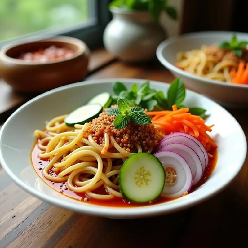 Bibim Naengmyeon: Fideos coreanos fríos de calabacín con gochujang y manzana