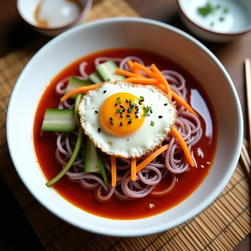 Bibim Naengmyeon: Fideos Coreanos Fríos con Salsa Picante y Huevo Poché