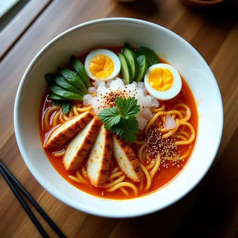 Bibim naengmyeon coreano: Fideos helados picantes con pollo
