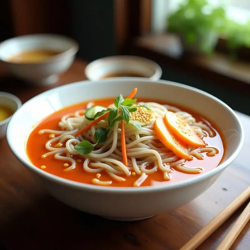 Bibim Naengmyeon: Fideos Coreanos Picantes con Caldo Frío de Rábano en 25 Minutos