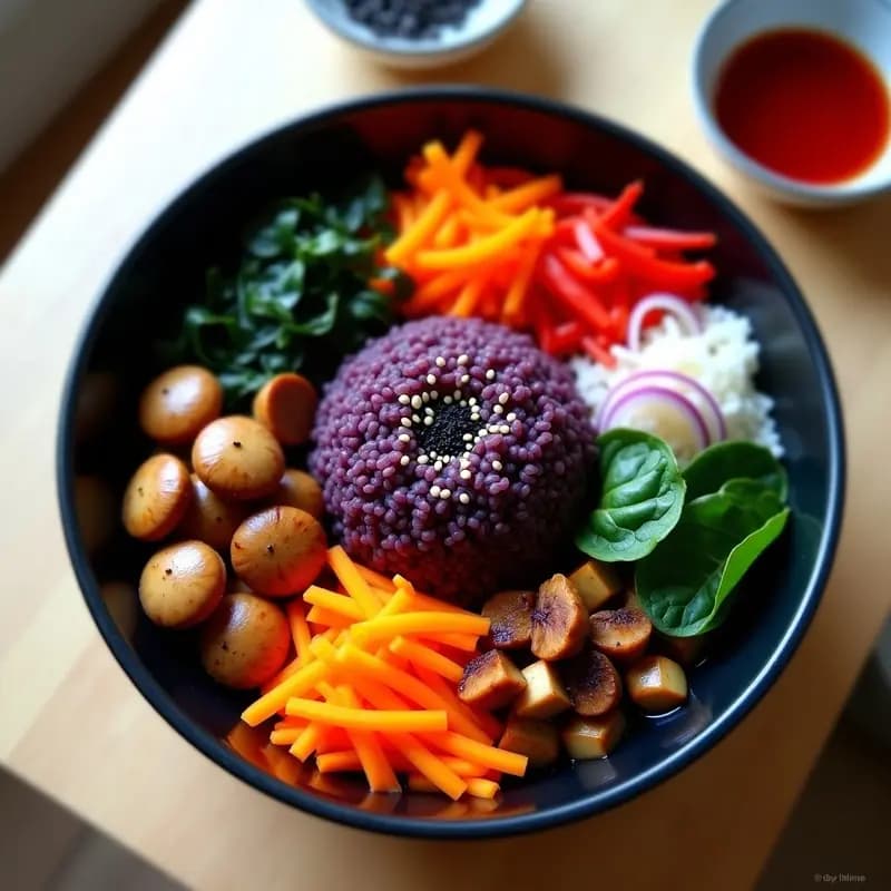 Bibiimbap Coreano con Arroz Morado y Vegetales: Receta Vegana y Colorida en Wok