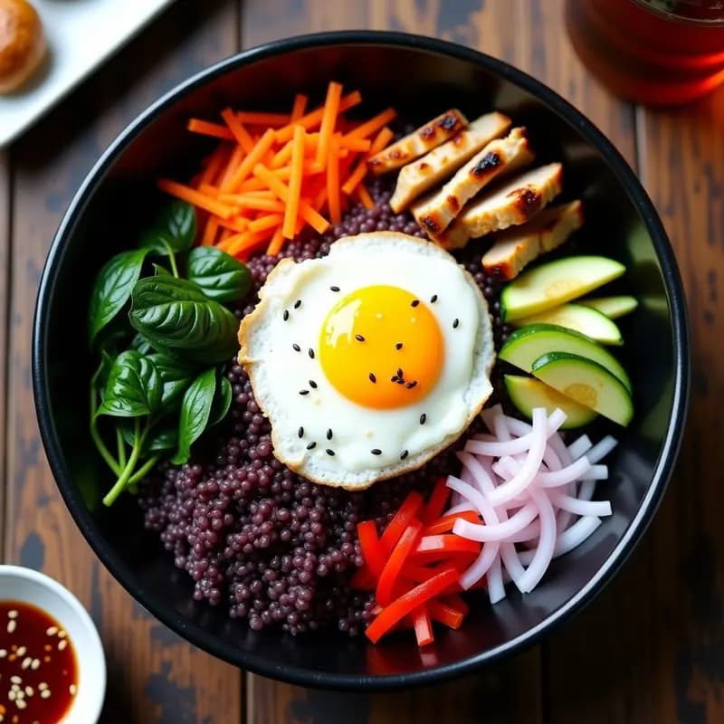 Bibimbap Coreano con ArrozNegro y Kimchi de Rábano: Versión Keto y Sin Gluten