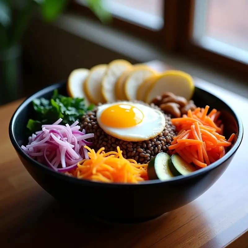 Bibimbap de Arroz Salvaje con Kimchi de Rábanos y Huevo de Codorniz: Receta Coreana Low-Carb