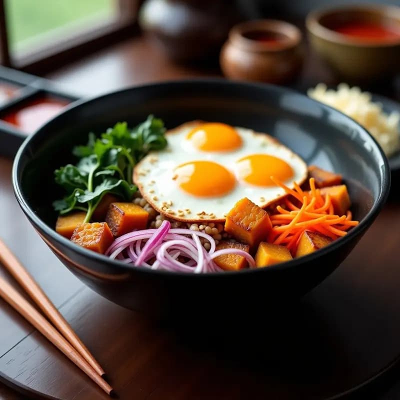 Bibimbap de Calabaza y Espinacas con Huevos de Codorniz: Receta Coreana Sin Arroz