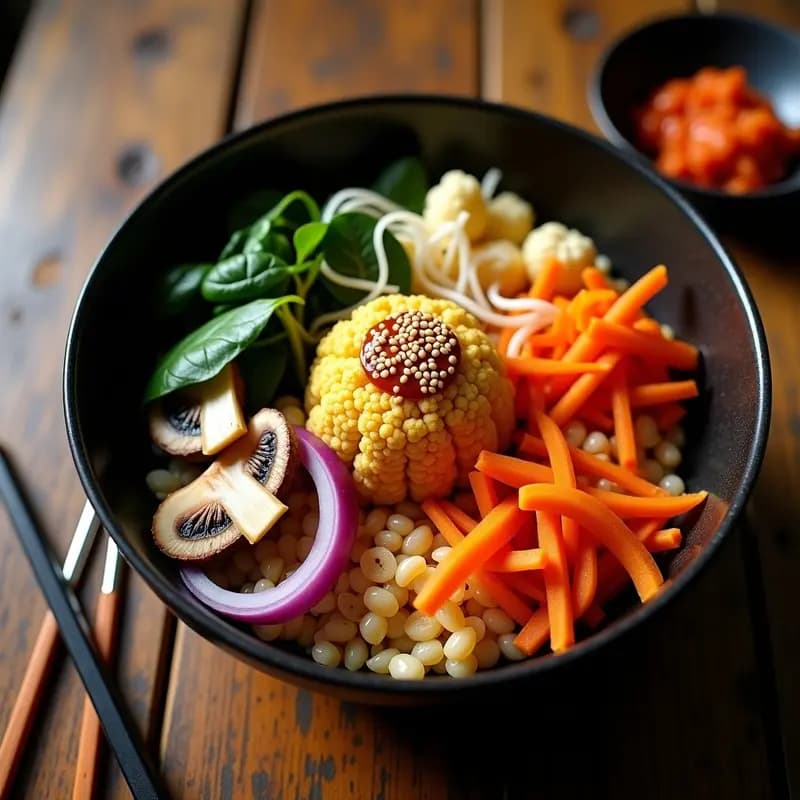 Bibimbap Coreano con Coliflor y Champiñones: Plato Único Vegano y Sin Gluten