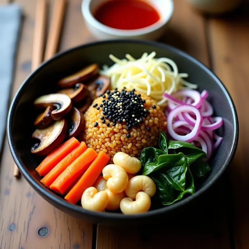 Bibimbap Coreano de Coliflor y Champiñones: Bowl Vegano con Gochujang Casero
