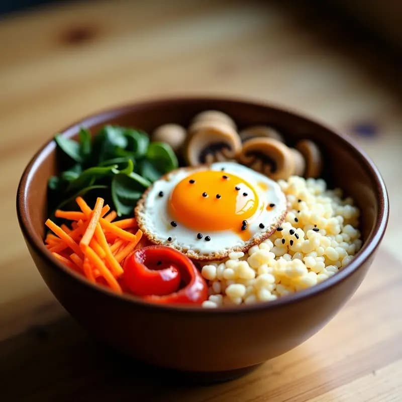 Bibimbap Coreano de Coliflor y Hongos Shimeji: Versión Low-Carb con Huevo Pochado