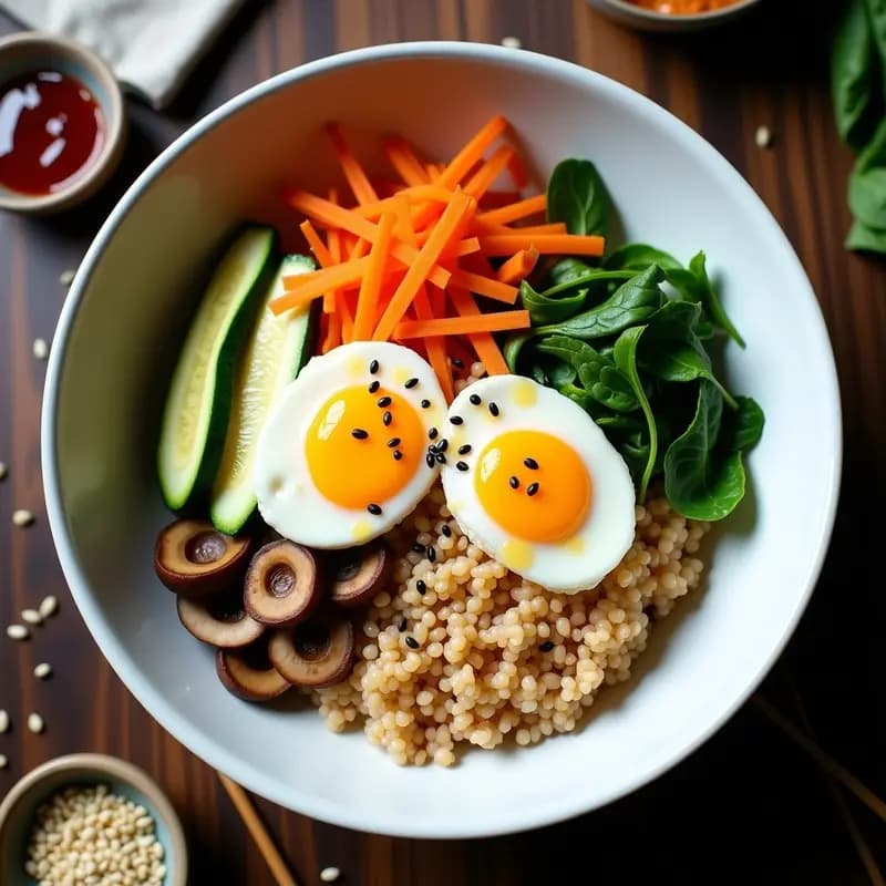 Bibimbap Coreano de Coliflor Molida con Vegetales y Huevo Escalfado: Receta Low-Carb en 20 Minutos